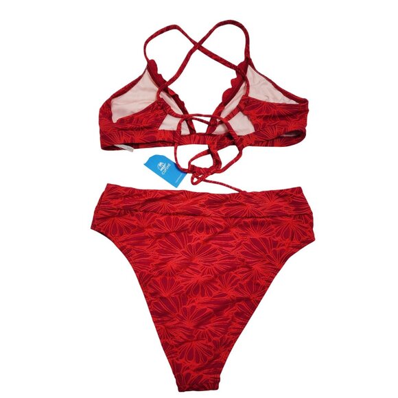 Cupshe Womens Red Floral High-Waist Bikini Set Scalloped Cross-Strap Size M - Picture 5 of 6